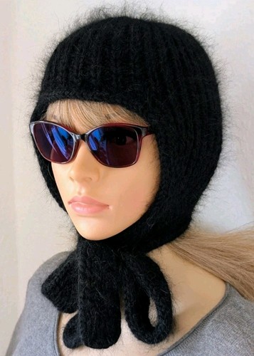 Knitted angora hood with ties - angora,